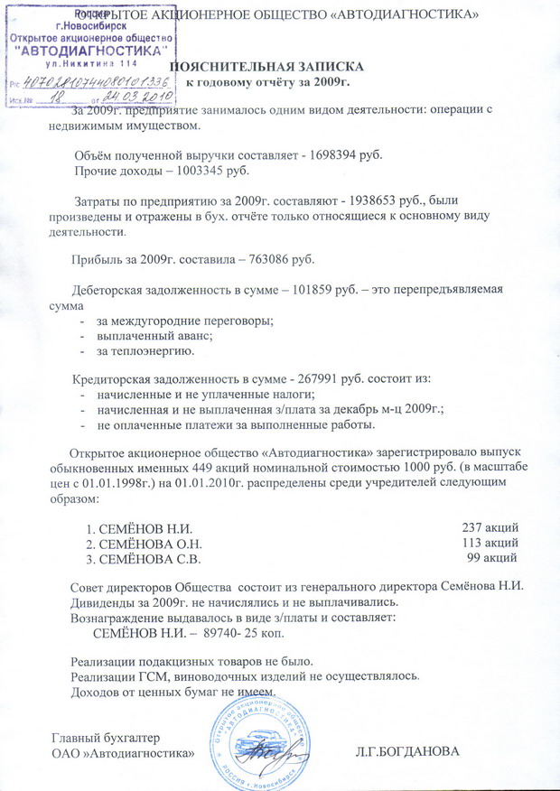 Пояснительная записка к годовому отчету